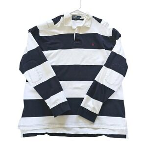 Polo Ralph Lauren Rugby Shirt White Navy Blue Striped Elbow Pads Mens XL